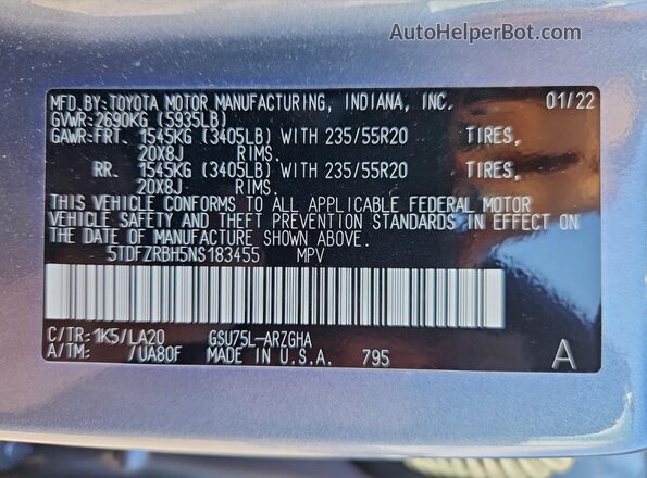 5TDFZRBH5NS183455 2022 TOYOTA HIGHLANDER Silver სალონის 360-გრადუსიანი ხედი