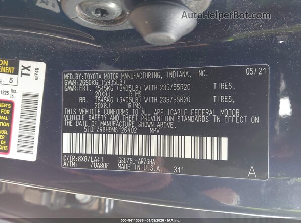 5TDFZRBH9MS126402 2021 TOYOTA HIGHLANDER Blue 
