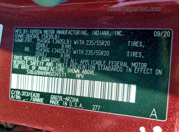 5TDJZRAH9MS034511 2021 TOYOTA HIGHLANDER Красный 