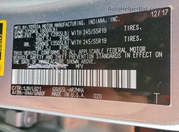 5TDJZRFH0JS819715 2018 TOYOTA HIGHLANDER Silver Вид наклейки з VIN-кодом