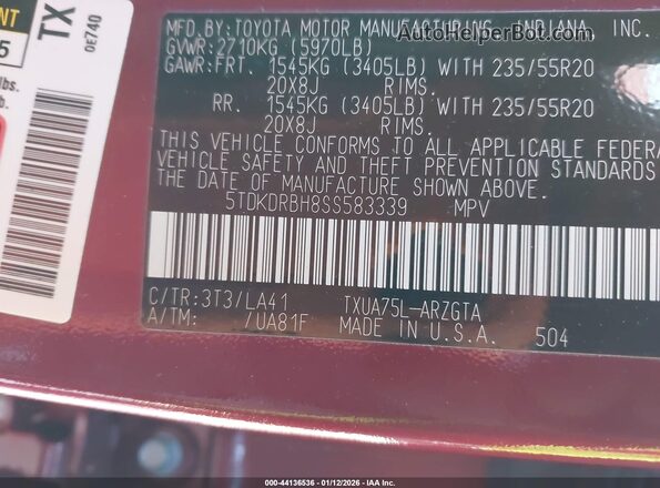 5TDKDRBH8SS583339 2025 TOYOTA HIGHLANDER Maroon Вид підкапотного простору