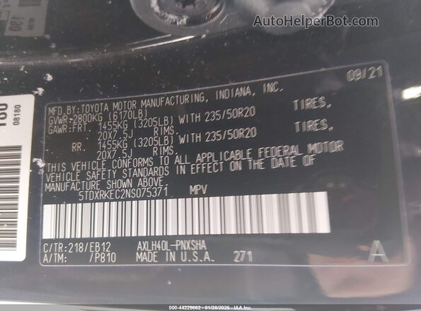 5TDXRKEC2NS075371 2022 TOYOTA SIENNA Black Vista del compartimento del motor