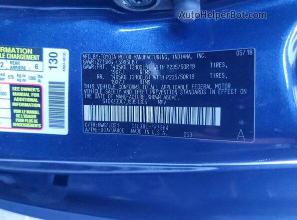 5TDXZ3DC7JS951305 2018 TOYOTA SIENNA Blue 