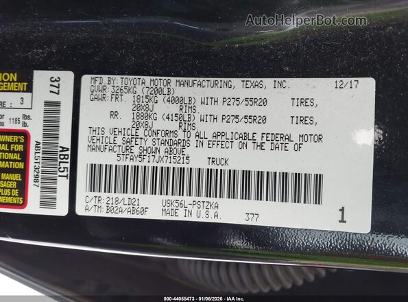 5TFAY5F17JX715215 2018 TOYOTA TUNDRA Black Widok komory silnika