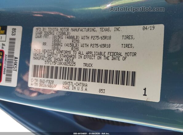 5TFCY5F18KX025225 2019 TOYOTA TUNDRA Blue 