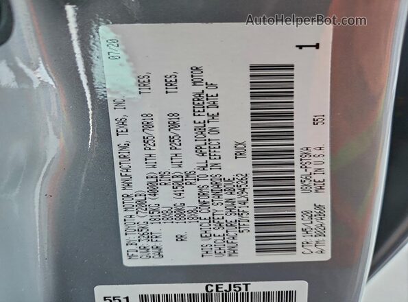 5TFDY5F14LX945262 2020 TOYOTA TUNDRA Gray VIN კოდის სტიკერის ხედი