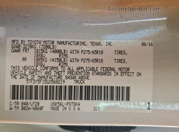5TFDY5F15GX568219 2016 TOYOTA TUNDRA White Vista del compartimento del motor