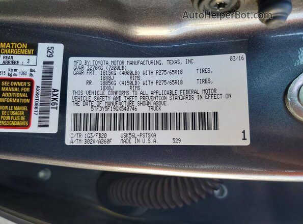 5TFDY5F19GX540746 2016 TOYOTA TUNDRA Gray Вид підкапотного простору