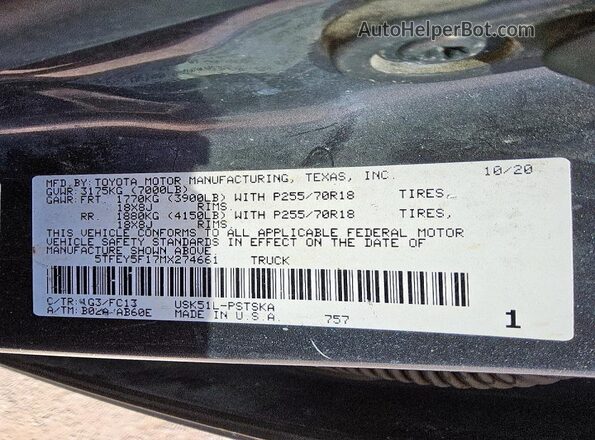 5TFEY5F17MX274661 2021 TOYOTA TUNDRA Gray VIN կոդի պիտակի տեսք