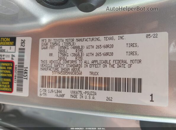 5TFMA5DB5NX030360 2022 TOYOTA TUNDRA Silver Շարժիչի բաժամունքի տեսք