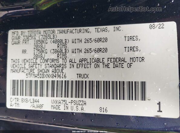 5TFMA5DBXNX049616 2022 TOYOTA TUNDRA Синий Вид подкапотного пространства