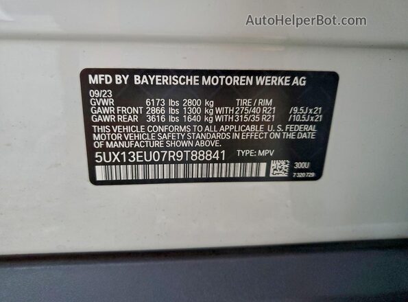 5UX13EU07R9T88841 2024 BMW X5 White VIN კოდის სტიკერის ხედი