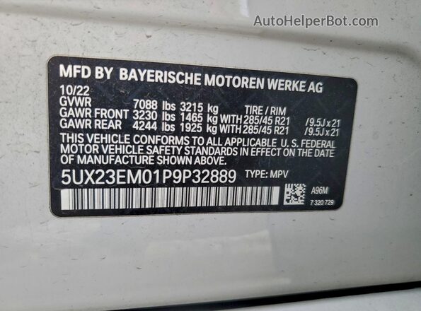 5UX23EM01P9P32889 2023 BMW X7 Белый Вид наклейки с VIN-кодом