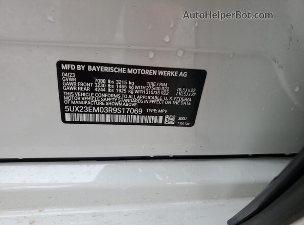 5UX23EM03R9S17069 2024 BMW X7 White Widok naklejki z numerem VIN
