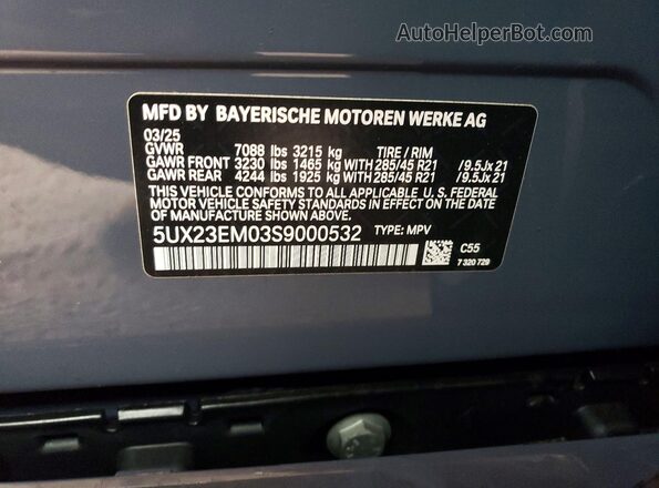 5UX23EM03S9000532 2025 BMW X7 Gray Vista de la etiqueta del VIN