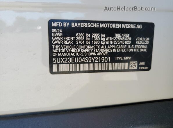 5UX23EU04S9Y21901 2025 BMW X5 White VIN კოდის სტიკერის ხედი