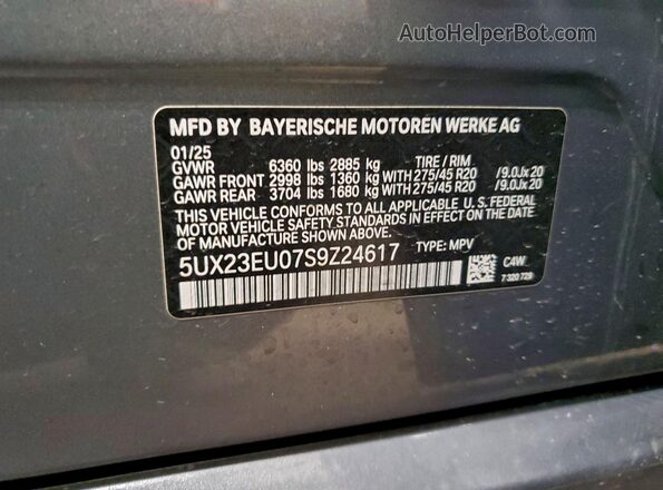 5UX23EU07S9Z24617 2025 BMW X5 Gray VIN կոդի պիտակի տեսք