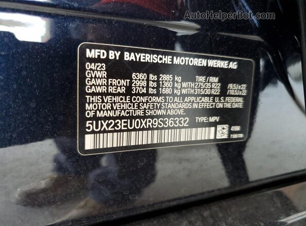 5UX23EU0XR9S36332 2024 BMW X5 Blue VIN კოდის სტიკერის ხედი