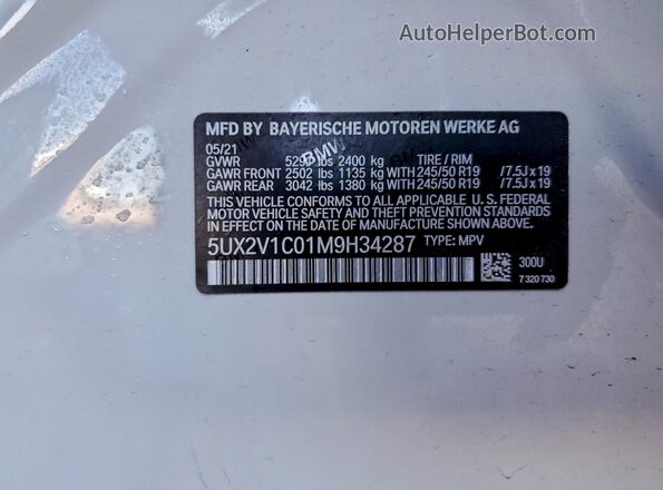 5UX2V1C01M9H34287 2021 BMW X4 Белый Вид наклейки с VIN-кодом