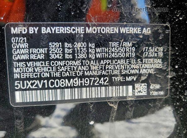 5UX2V1C08M9H97242 2021 BMW X4 Black VIN კოდის სტიკერის ხედი
