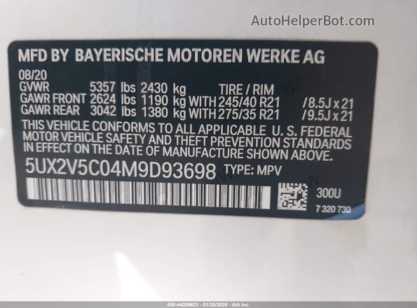 5UX2V5C04M9D93698 2021 BMW X4 White Widok komory silnika
