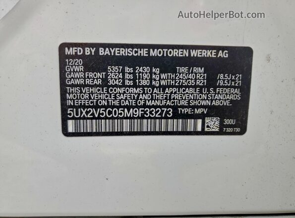 5UX2V5C05M9F33273 2021 BMW X4 White Widok naklejki z numerem VIN