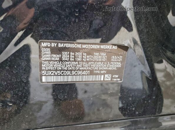 5UX2V5C09L9C96401 2020 BMW X4 Black Vista de la etiqueta del VIN