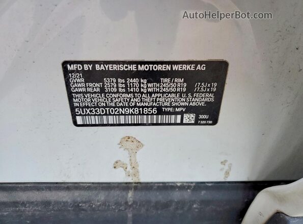5UX33DT02N9K81856 2022 BMW X4 White Widok naklejki z numerem VIN