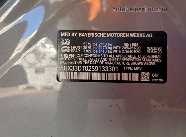 5UX33DT02S9133301 2025 BMW X4 Gray Вид наклейки з VIN-кодом