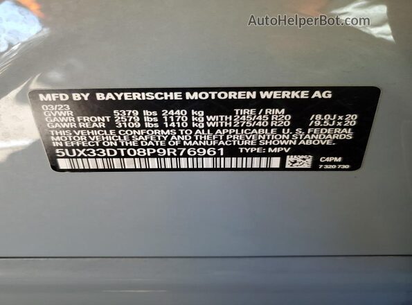 5UX33DT08P9R76961 2023 BMW X4 Серый Вид наклейки с VIN-кодом