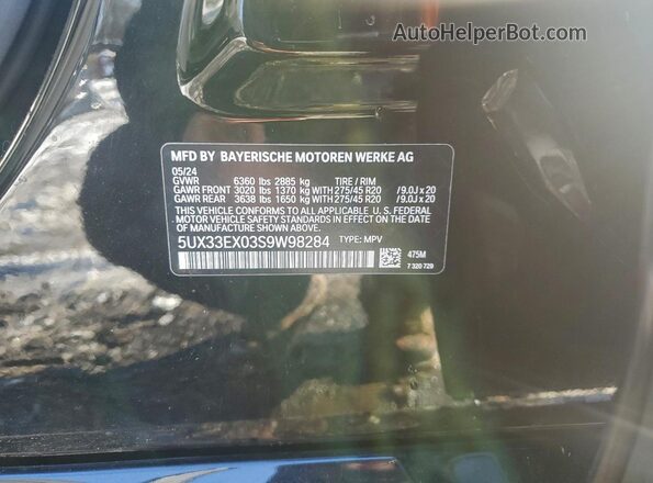 5UX33EX03S9W98284 2025 BMW X6 Black Vista de la etiqueta del VIN