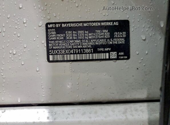 5UX33EX04T9113861 2026 BMW X6 White Vista de la etiqueta del VIN