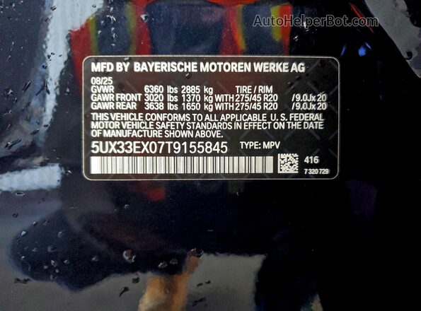 5UX33EX07T9155845 2026 BMW X6 Blue VIN კოდის სტიკერის ხედი