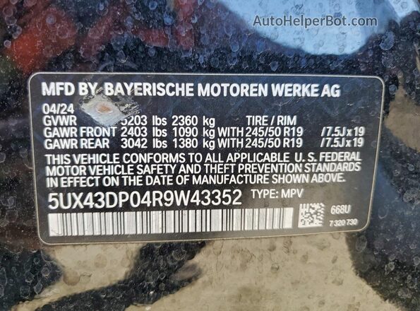 5UX43DP04R9W43352 2024 BMW X3 Black VIN კოდის სტიკერის ხედი