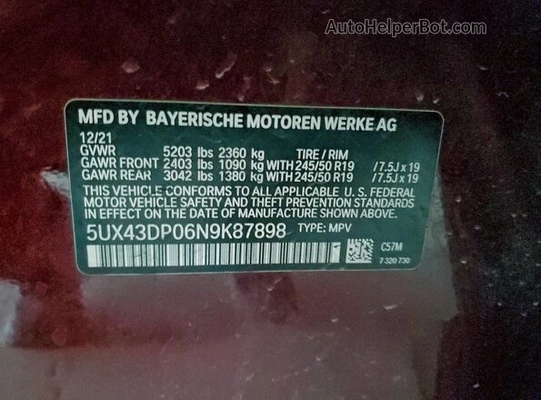 5UX43DP06N9K87898 2022 BMW X3 Burgundy Вид наклейки з VIN-кодом