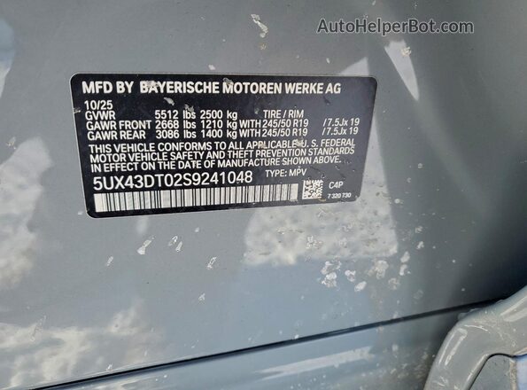 5UX43DT02S9241048 2025 BMW X4 Gray VIN sticker view