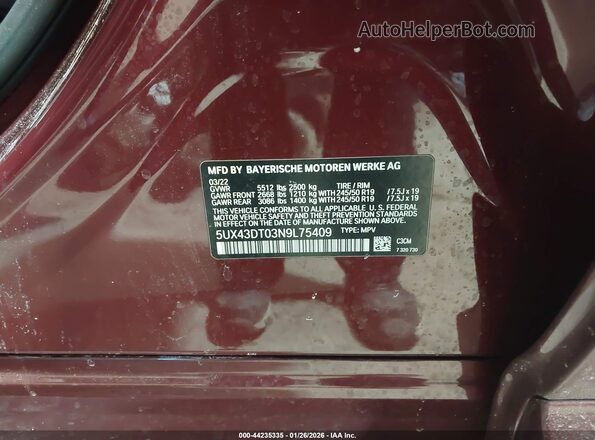 5UX43DT03N9L75409 2022 BMW X4 Red Շարժիչի բաժամունքի տեսք