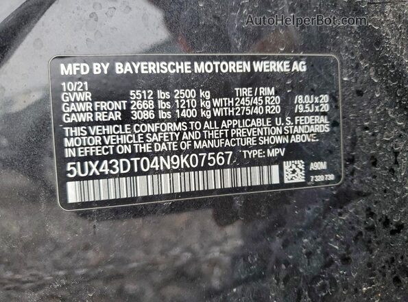 5UX43DT04N9K07567 2022 BMW X4 Черный Вид наклейки с VIN-кодом