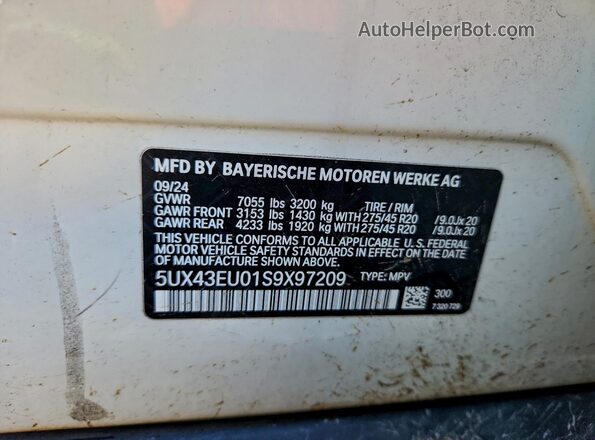 5UX43EU01S9X97209 2025 BMW X5 White VIN կոդի պիտակի տեսք