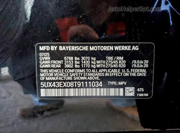 5UX43EX08T9111034 2026 BMW X6 Black VIN կոդի պիտակի տեսք