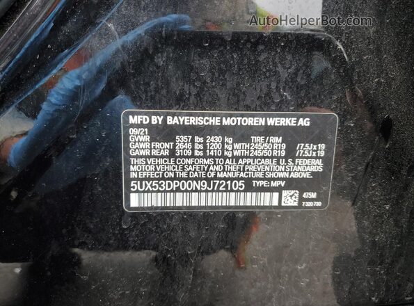 5UX53DP00N9J72105 2022 BMW X3 Black Widok naklejki z numerem VIN