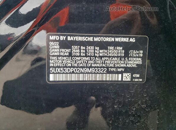 5UX53DP02N9M93322 2022 BMW X3 Black Widok naklejki z numerem VIN