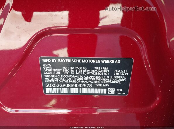 5UX53GP08S9092578 2025 BMW X3 Red Engine compartment view
