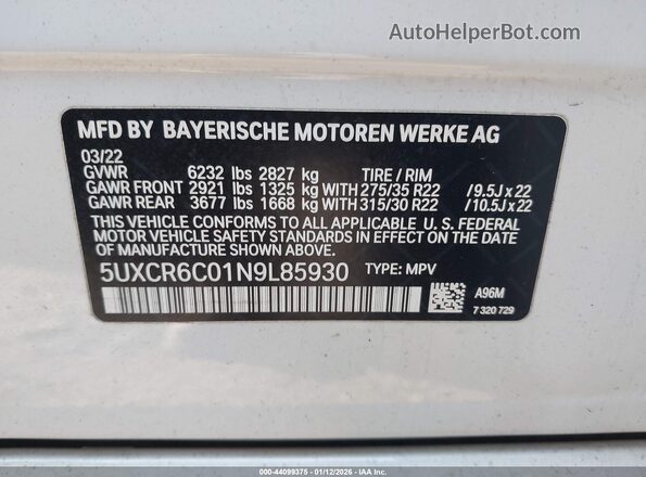 5UXCR6C01N9L85930 2022 BMW X5 White 