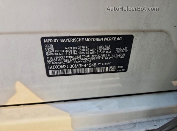 5UXCW2C00M9E44548 2021 BMW X7 White VIN sticker view