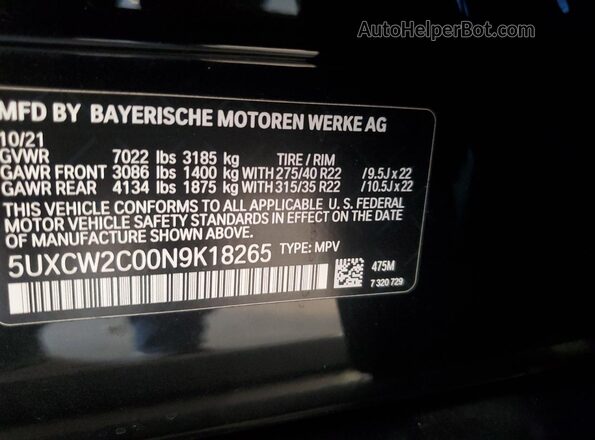 5UXCW2C00N9K18265 2022 BMW X7 Black VIN კოდის სტიკერის ხედი