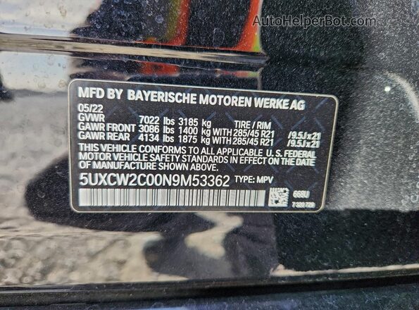 5UXCW2C00N9M53362 2022 BMW X7 Black VIN sticker view