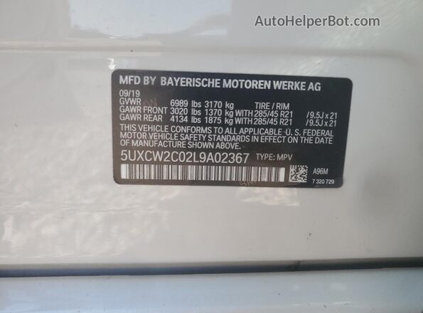5UXCW2C02L9A02367 2020 BMW X7 White Vista de la etiqueta del VIN