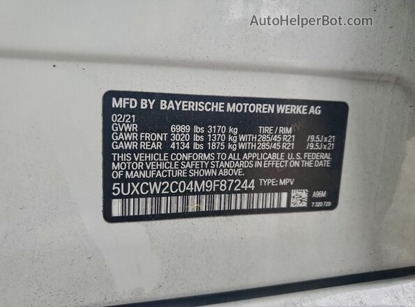 5UXCW2C04M9F87244 2021 BMW X7 White Вид наклейки з VIN-кодом
