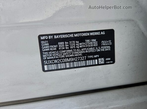 5UXCW2C08M9H27327 2021 BMW X7 White VIN կոդի պիտակի տեսք